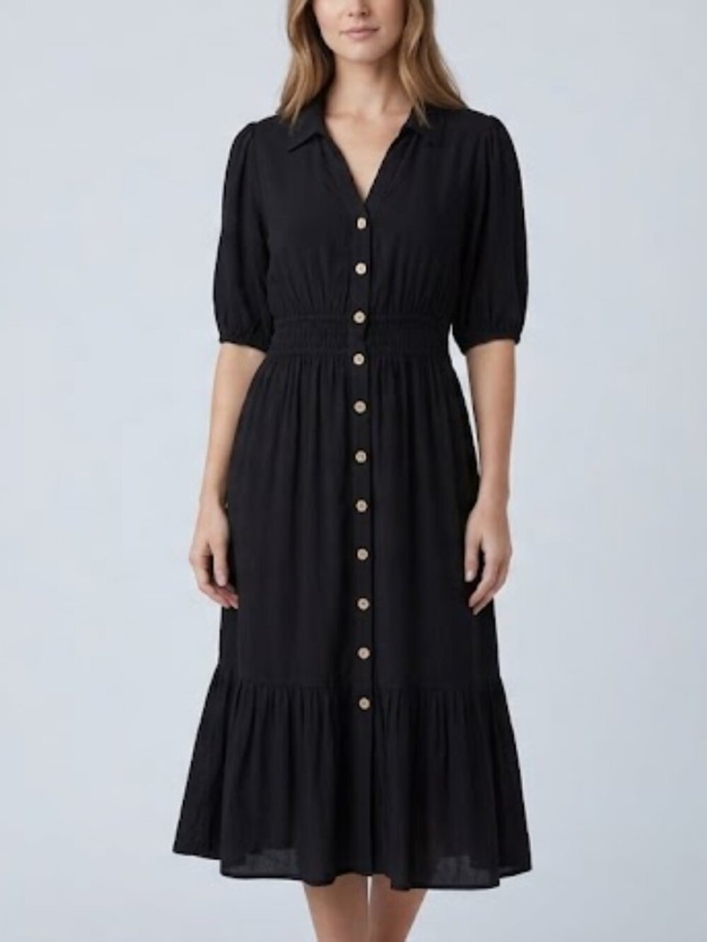 4our Dreamers Button-Front Black Midi Dress with Smocked Waist size large